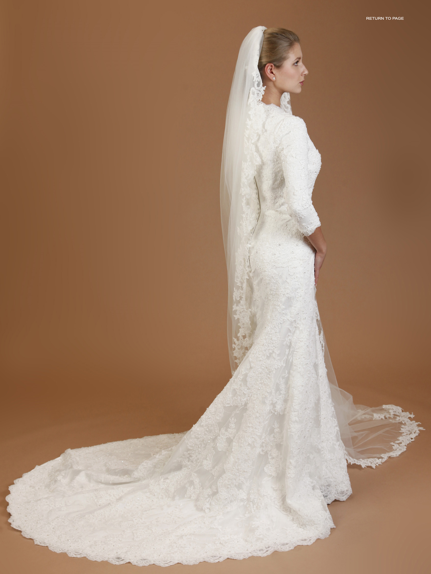 Style 102 - Sparkling, beaded elegance on fine lace, appliqud over lace net, satin underneath, reminiscent of the finery of Spanish princesses, 3/4 sleeves lined with comfortable stretch fabric, 3/8 inch covered buttons travel down the length of the zipper, medium train, trimmed with intricate, scalloped lace
